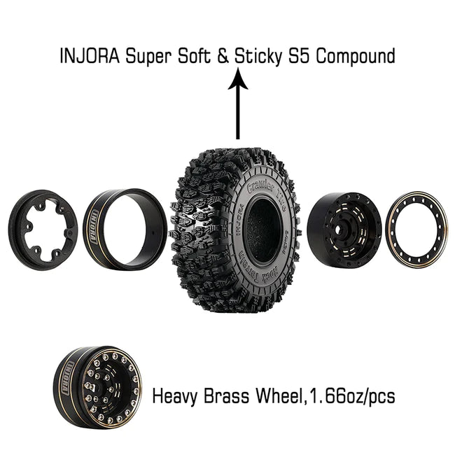 INJORA 4PCS 1.0" 64*24mm Brass Wheel Rims Tires Set for 1/18 1/24 RC Crawlers W1005-T1011