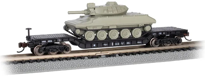 BACHMANN 52FT CENTRE DEPRESSED FLAT CAR,BLACK W/GRN SHERIDAN TANK, N SCALE