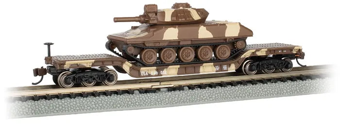 BACHMANN 52FT CENTRE DEPRESSED FLAT CARDESERT CAMO W/SHERIDAN TANK, N SCALE