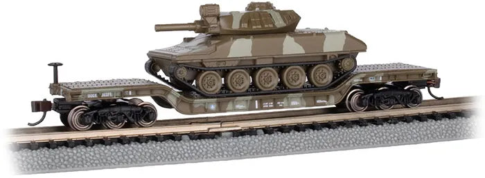 BACHMANN 52FT CENTRE DEPRESSED FLAT CAR,GREEN CAMO W/SHERIDAN TANK, N SCALE