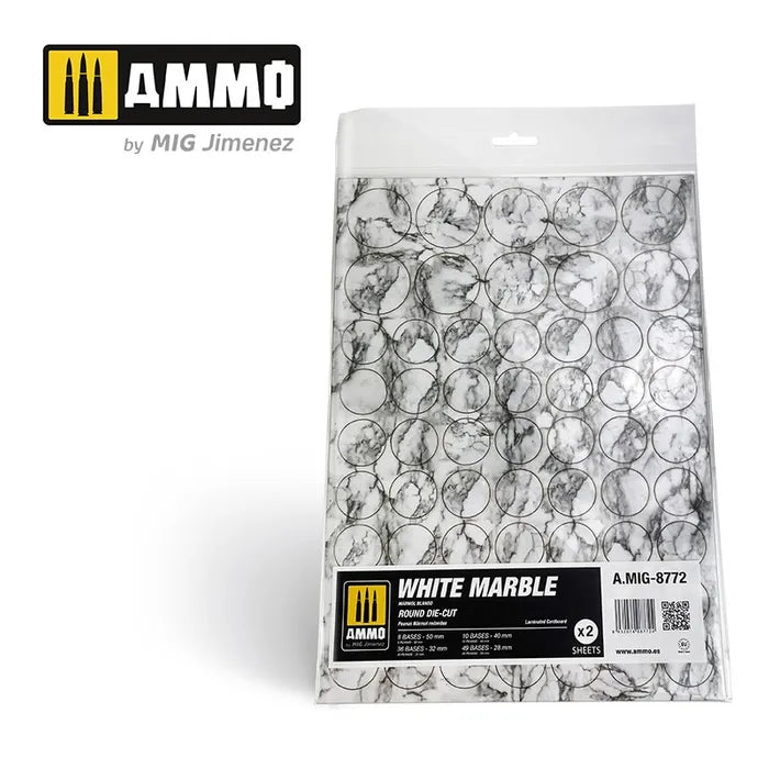 AMMO, White Marble. Round Die-cut for Bases for Wargames (2)