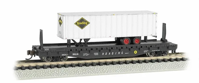 BACHMANN READING #9814 52FT FLAT CAR WITH 35FT SILVER RDG TRAILER. N SCALE