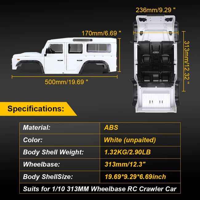 INJORA 313mm 12.3" Wheelbase D110 Defender Hard Body for TRX4 Axial SCX10 90046