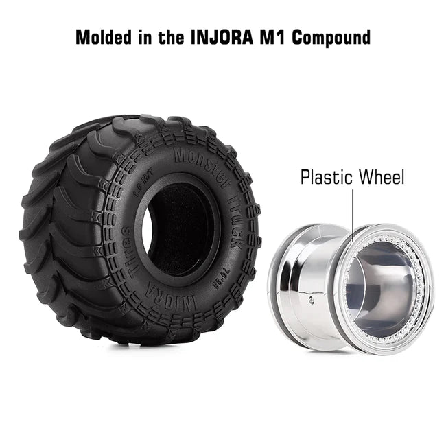 INJORA 70*38mm Monster Truck Wheels Rims Tires Set for 1/24 RC Crawlers 4PCE MT1012