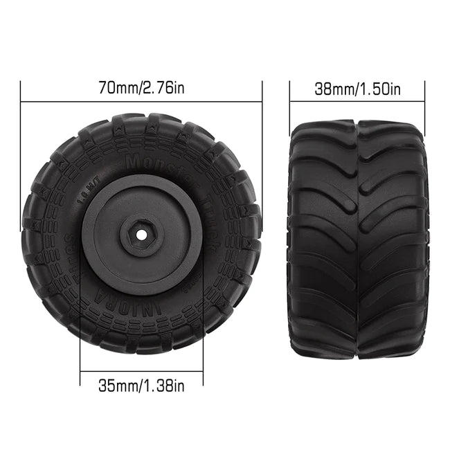 INJORA 70*38mm Monster Truck Wheels Rims Tires Set for 1/24 RC Crawlers 4PCE MT1012