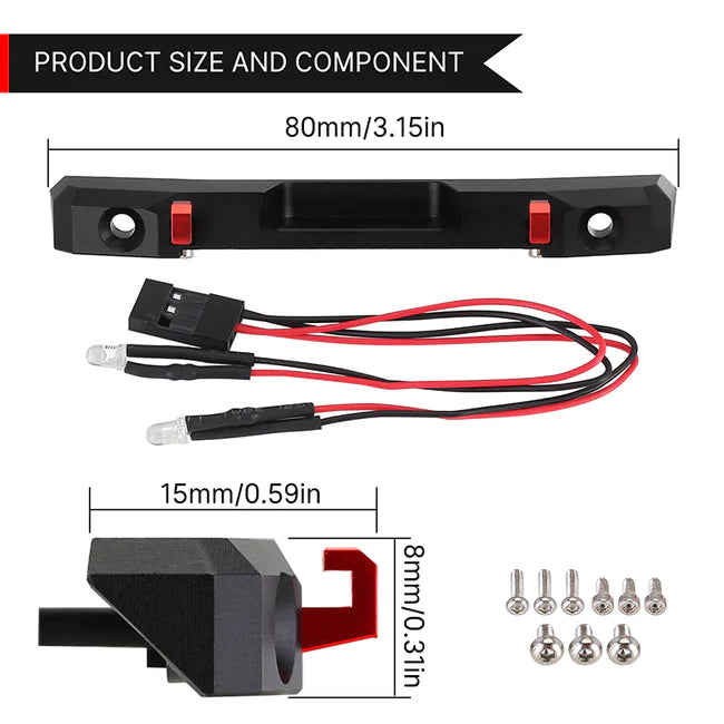 INJORA CNC Aluminum Rear Bumper with Lights for SCX24 Jeep Wrangler JLU