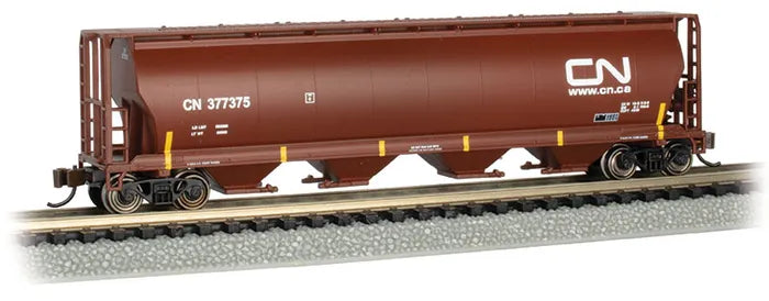 BACHMANN CANADIAN NATIONAL #377375 4-BAYCYL. GRAIN HOPPER OXIDE RED. N SCALE