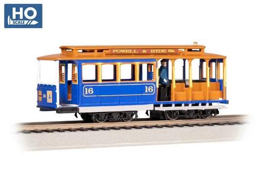 BACHMANN CABLE CAR, BLUE AND TAN #16, HO SCALE