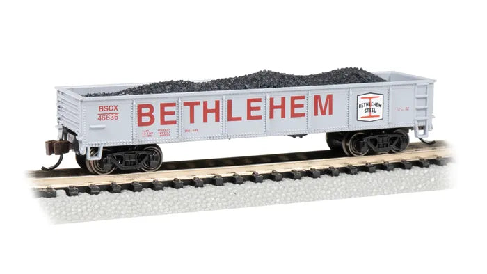 BACHMANN BETHLEHEM STEEL #46636 40FT GONDOLA WITH LOAD. GRAY. N SCALE