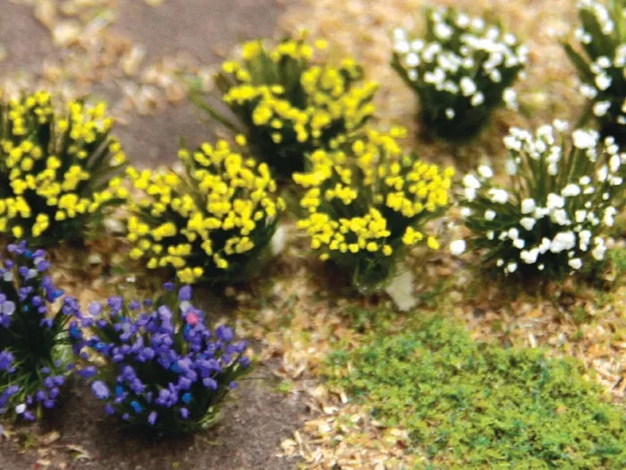 BACHMANN FLOWERING SHRUBS, PURPLE, YELLOW AND WHITE, 48/PACK. HO SCALE