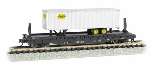 BACHMANN NY CENTRAL 52FT FLAT CAR W/35FTNYC PIGGYBACK TRAILER. HO SCALE