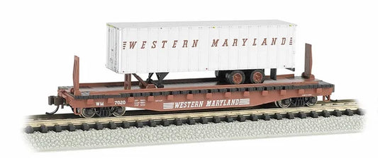 BACHMANN WESTERN MARYLAND #7020 FLAT CARW/SILVER WM TRAILER. N SCALE