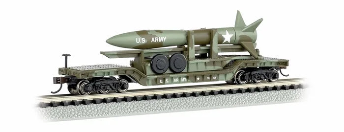 BACHMANN 52FT CENTRE DEPRESSED FLAT CAR,OLIVE DRAB, W/MISSILE, N SCALE