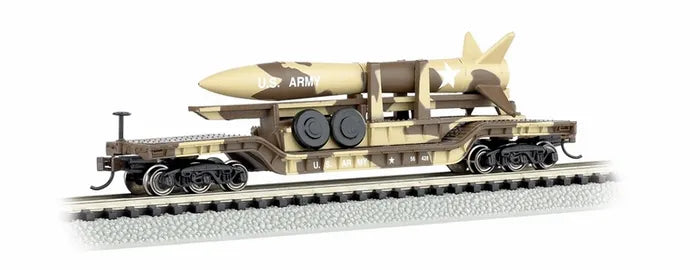 BACHMANN 52FT CENTRE DEPRESSED FLAT CARDESERT MILITARY W/MISSILE, N SCALE