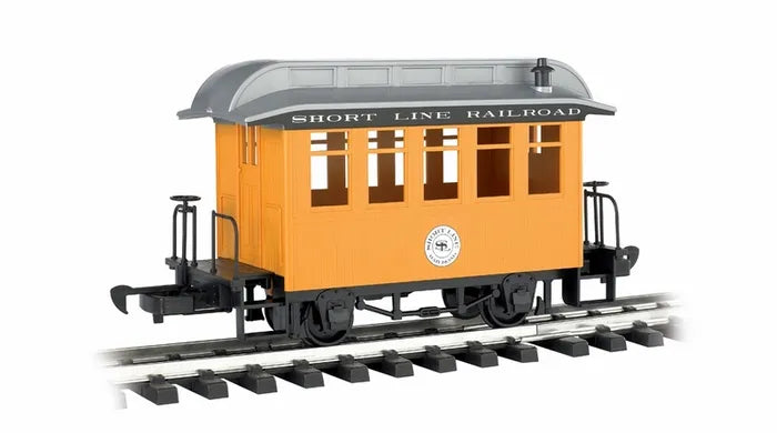 BACHMANN SHORT LINE RR COACH, YELLOW W/SILVER ROOF, G SCALE